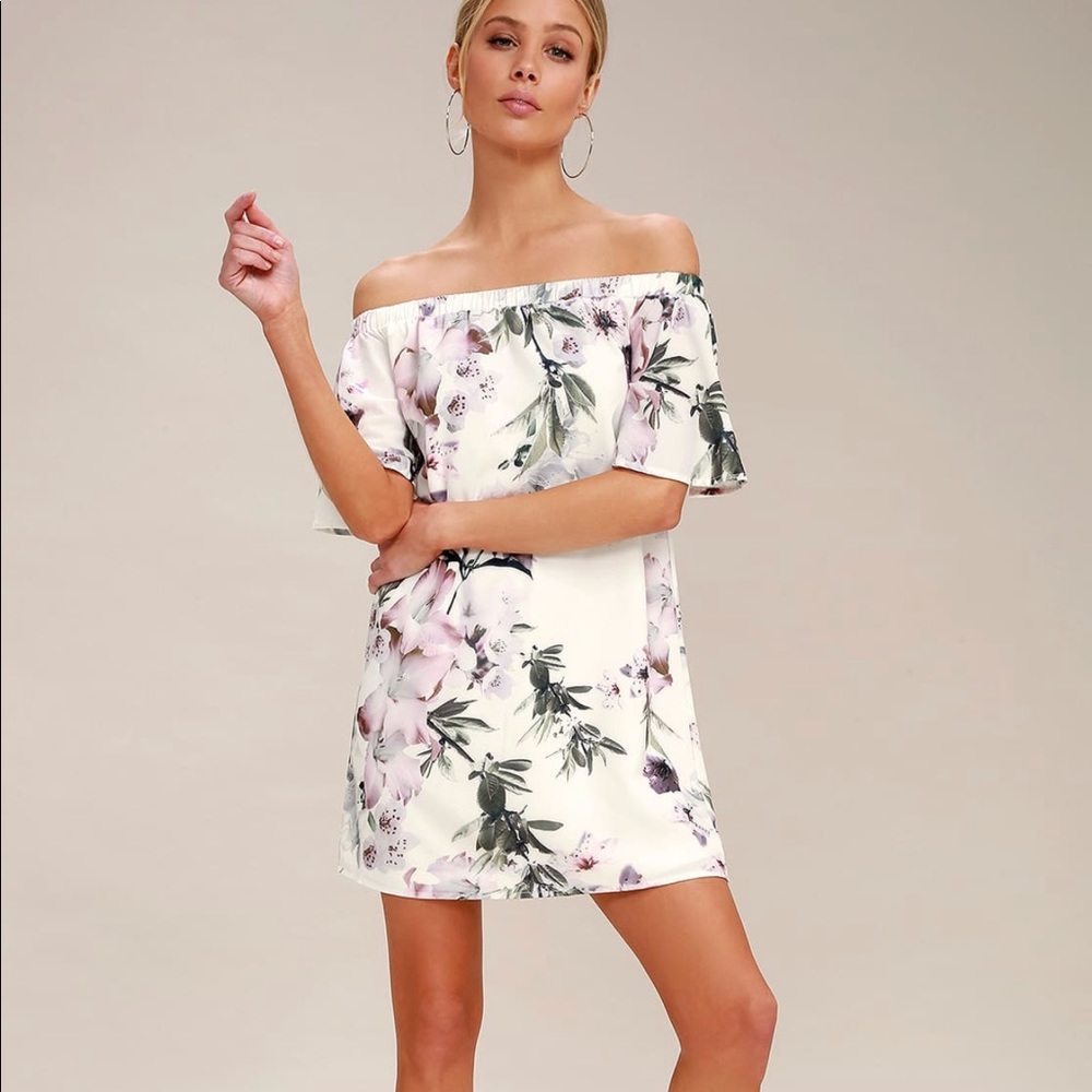 Lulus Ivory Off Shoulder Floral Shift Dress